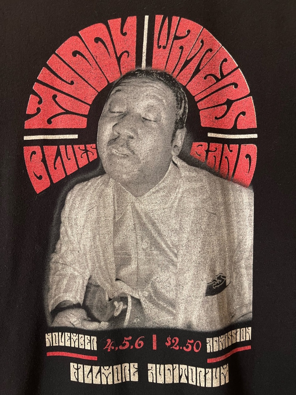 Vintage-style Muddy Waters Blues Band Graphic Tee - Black with Red & White Print
